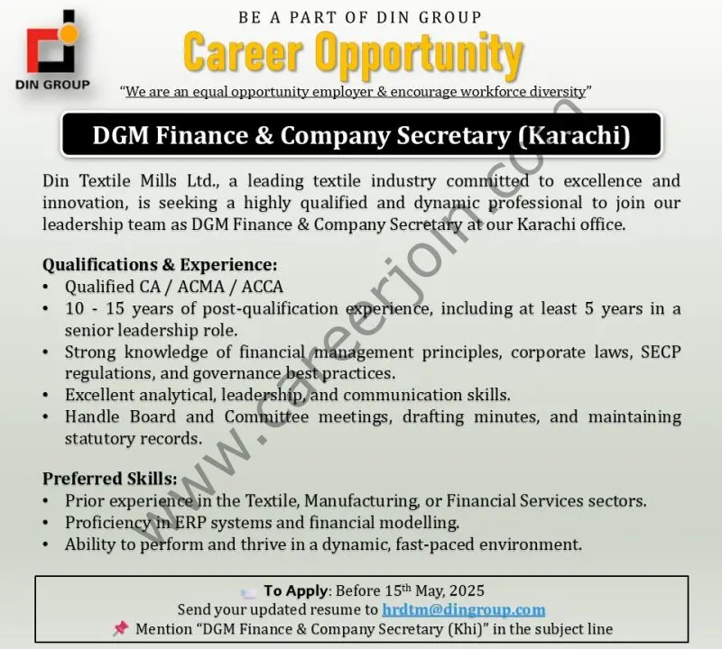 Din Textile Mills Limited Jobs Deputy General Finance & Company Secretary 1