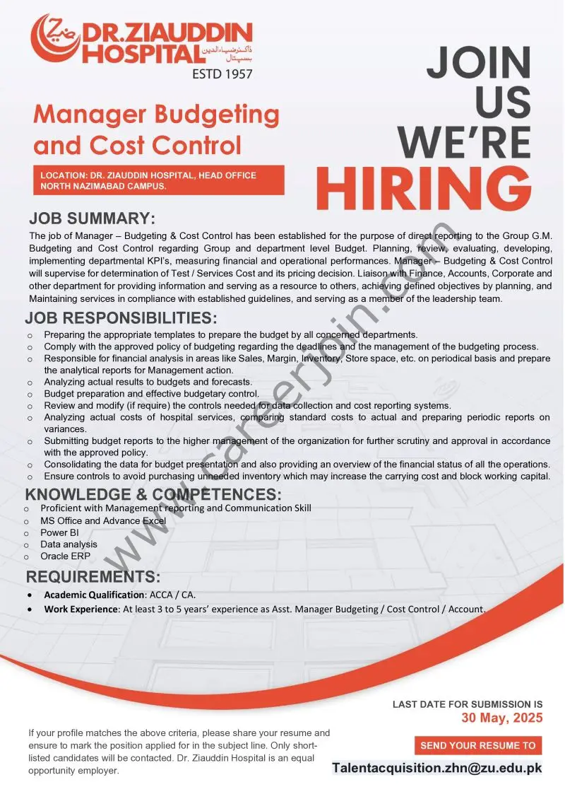 Dr Ziauddin University Jobs Manager Budgeting and Cost Control 1