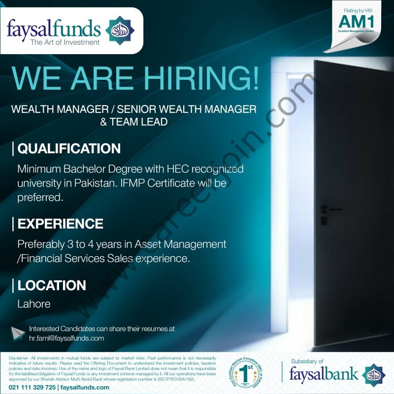Faysal Funds Jobs Wealth Manager / Sr Wealth Manager & Team Lead 1
