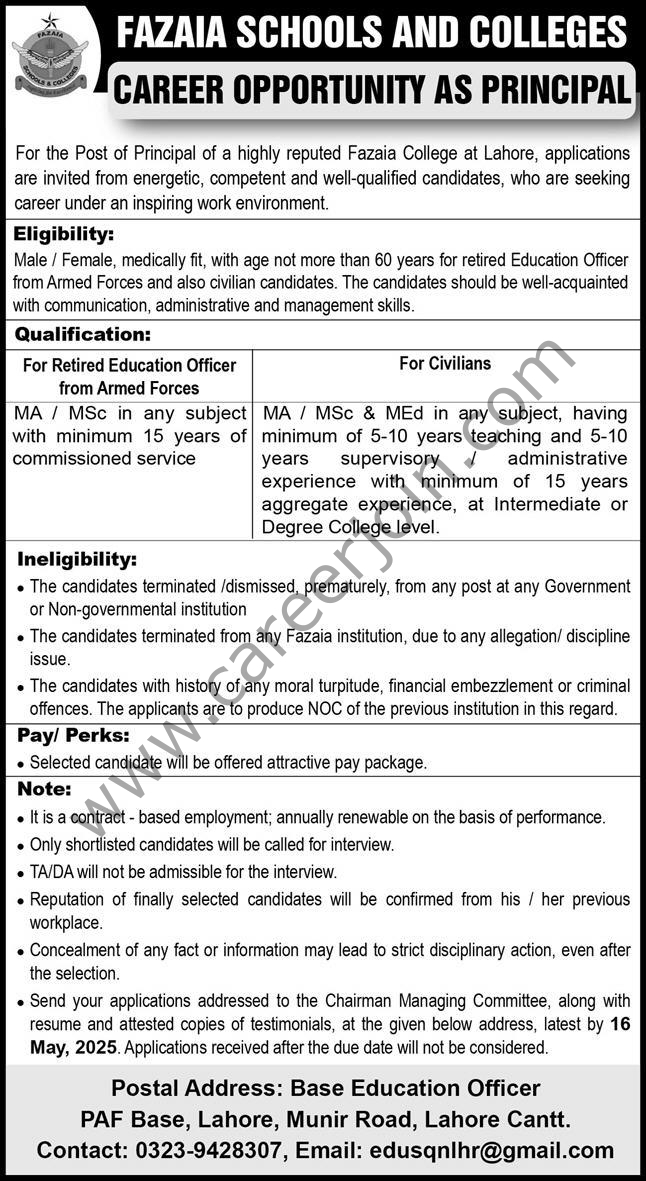Fazaia Schools & Colleges Jobs 11 May 2025 Express 1
