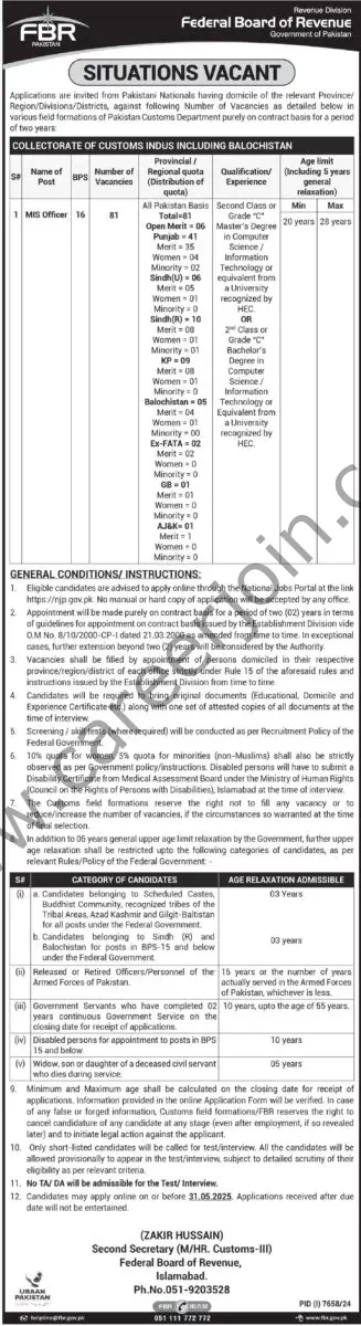 Federal Board of Revenue FBR Jobs 09 May 2025 Express Tribune 1
