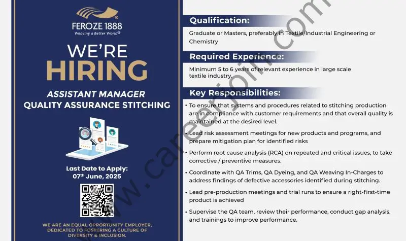 Feroze1888 Mills Limited Jobs Assistant Manager Quality Assurance (Stitching) 1