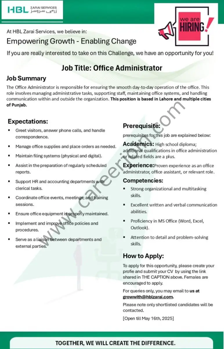 HBL Zarai Services Limited Jobs Office Administrator 1
