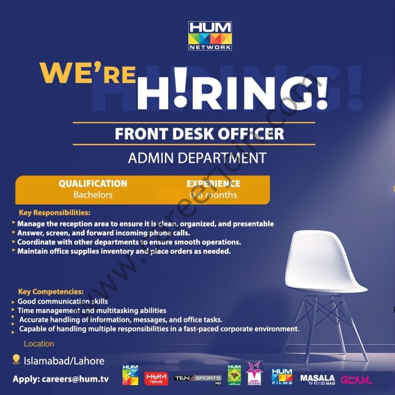 HUM Tv Network Jobs Front Desk Officer 1