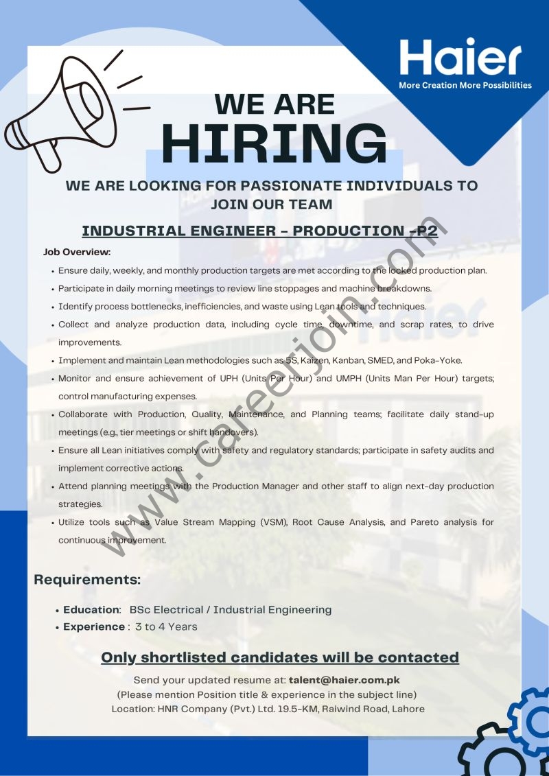 Haier Pakistan Jobs Industrial Engineer Production P2 1