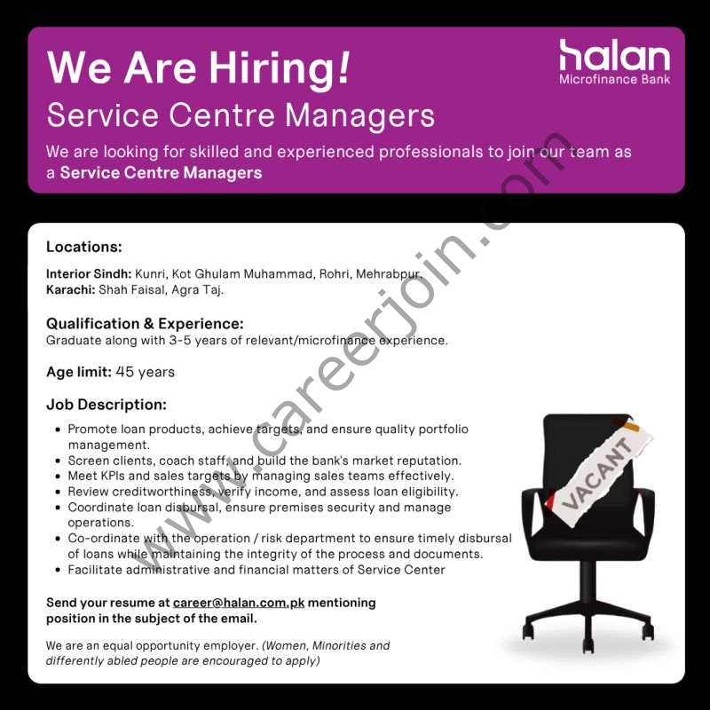 HALAN Microfinance Bank Limited Jobs Service Centre Managers 1