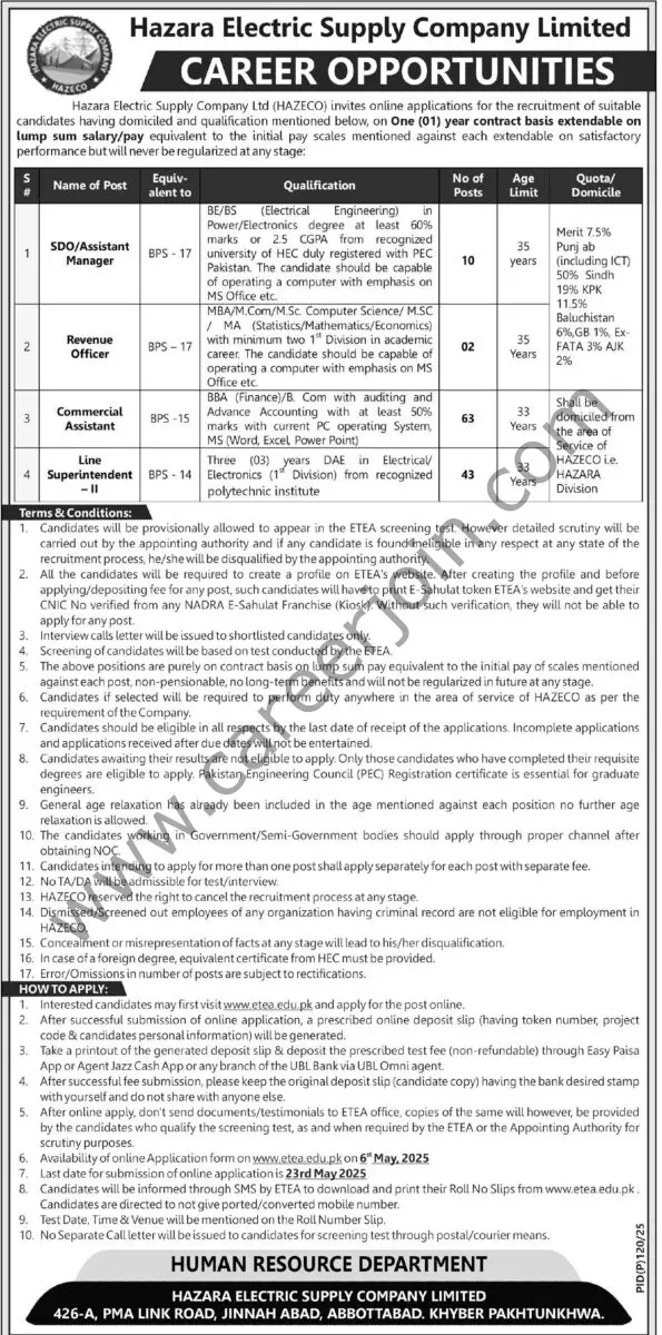 Hazara Electric Supply Co HAZECO Jobs 04 May 2025 Express Tribune 1