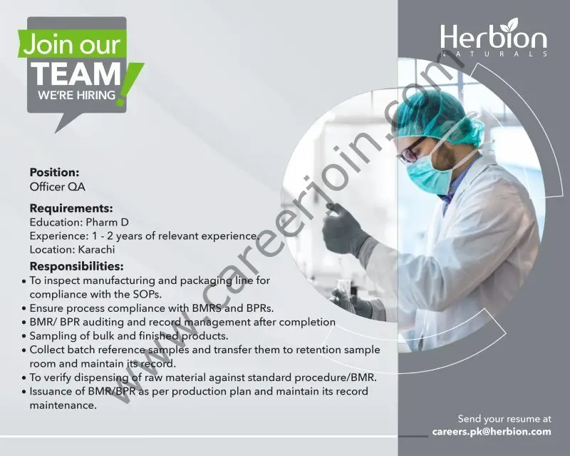 Herbion Naturals Jobs Quality Assurance Officer 1