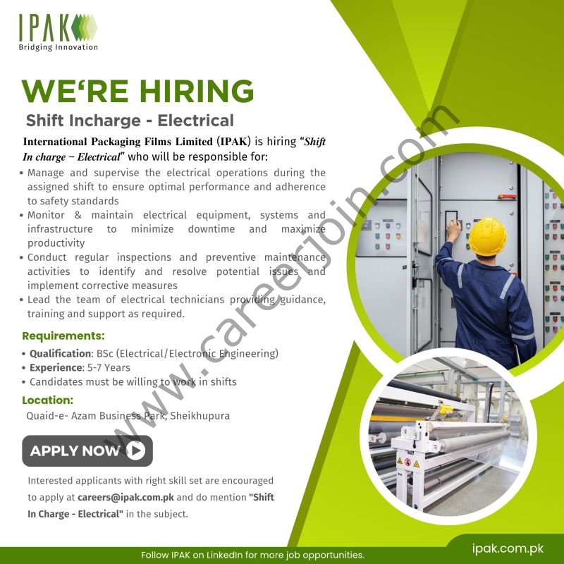 International Packaging Films Ltd (IPAK) Jobs Shift Incharge Electrical 1