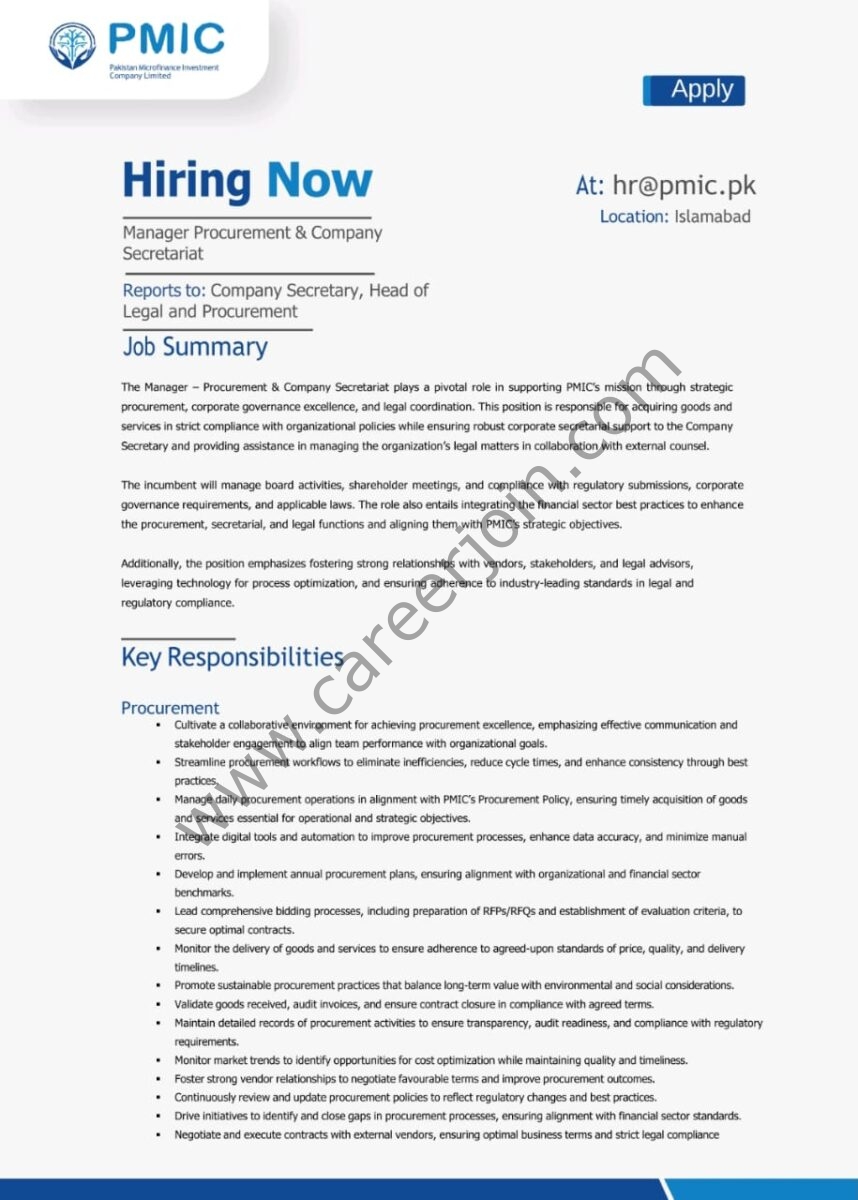 Pakistan Microfinance Investment Company PMIC Jobs Manager Procurement & Company Secretariat 1