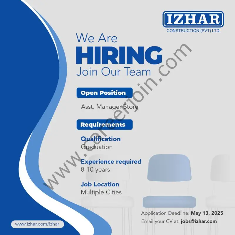Izhar Construction Pvt Ltd Jobs Assistant Manager Store 1