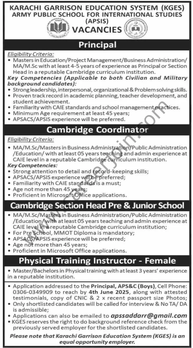 Karachi Garrison Education System KGES Jobs 25 May 2025 Dawn 1