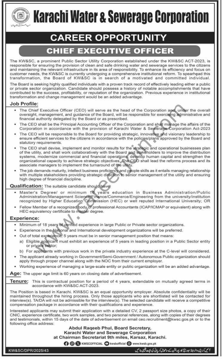 Karachi Water & Sewerage Corp Jobs 18 May 2025 Dawn 1