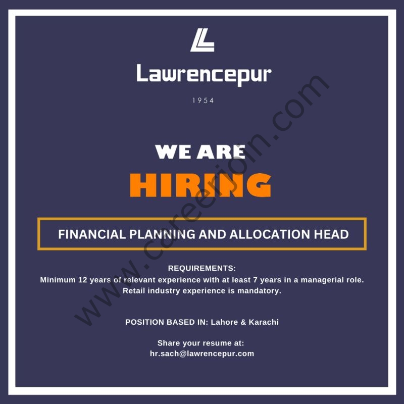 Lawrencepur Jobs Financial Planning and Allocation Head Lead 1