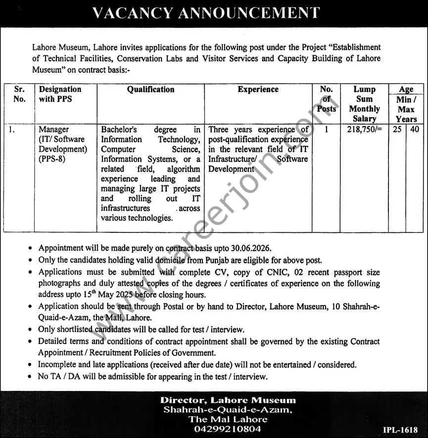 Lahore Museum Jobs Manager 1