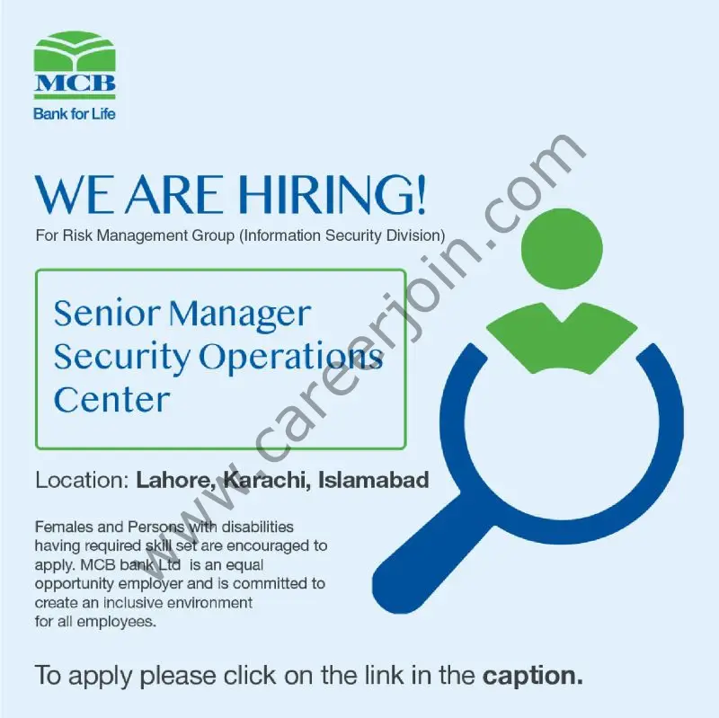 MCB Bank Limited Jobs Senior Manager Security Operations Center 1