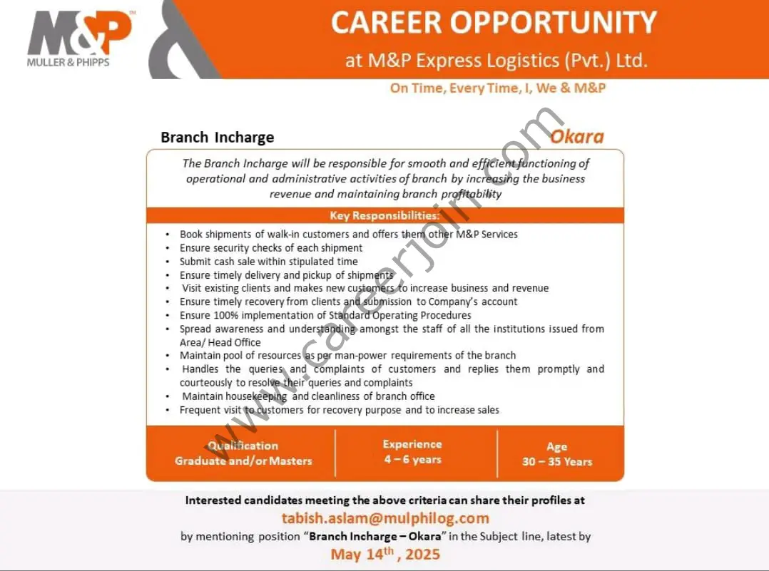 M&P Express Logistics (Pvt) Ltd Jobs Branch Incharge 1
