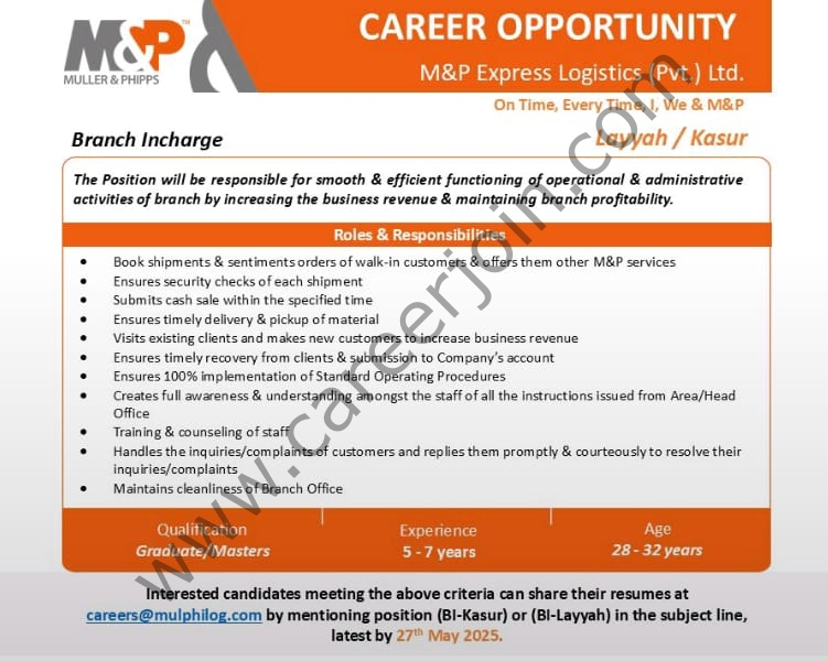 M&P Express Logistics (Pvt) Ltd Jobs Branch Incharge 1