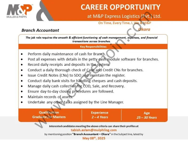 M&P Express Logistics (Pvt) Ltd Jobs Branch Accountant 1
