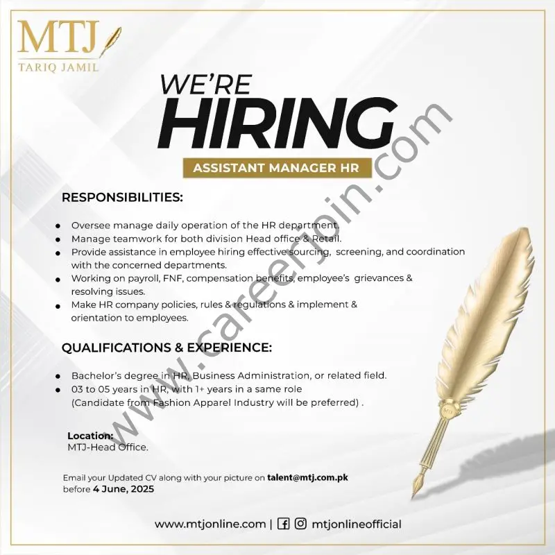MTJ Tariq Jamil Jobs Assistant HR Manager 1