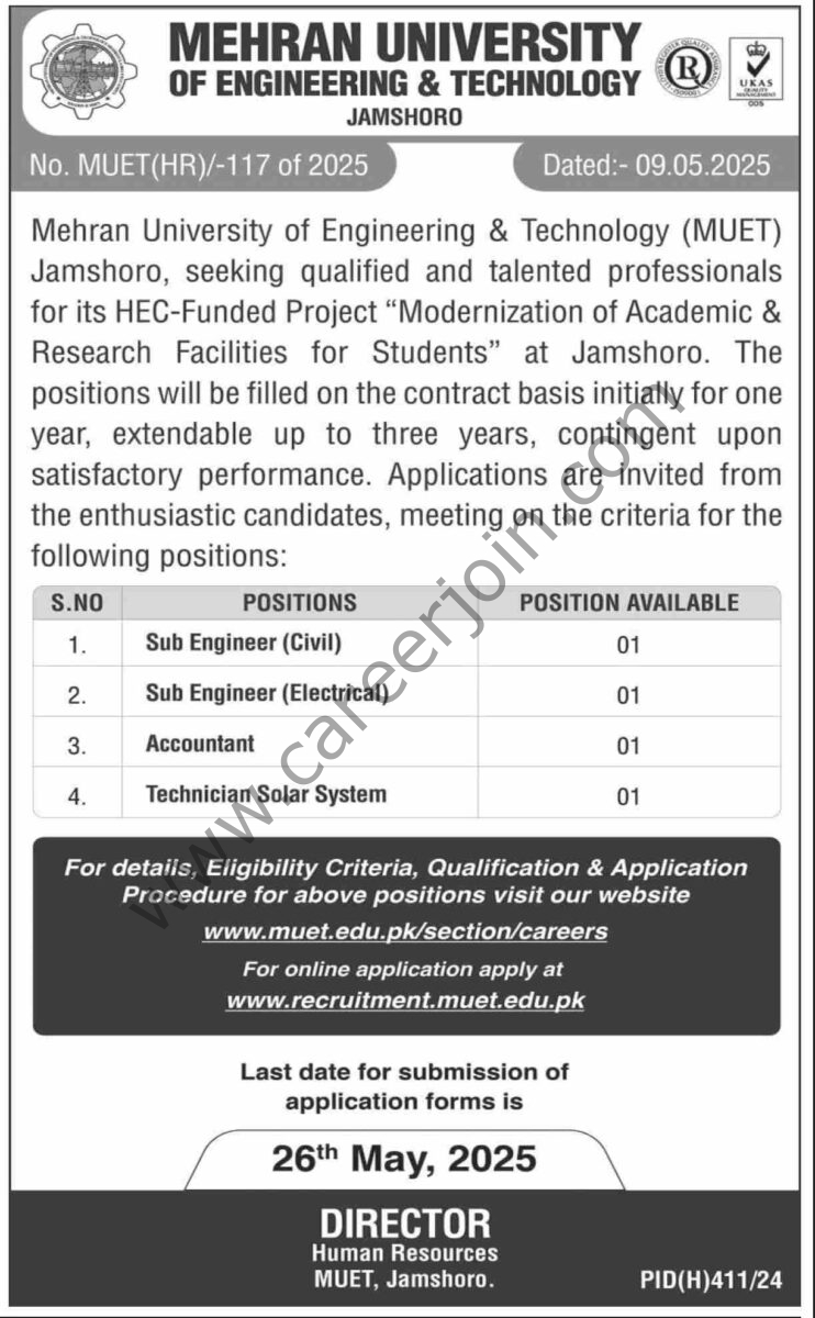 Mehran University of Engineering & Technology MUET Jobs 11 May 2025 Dawn 1