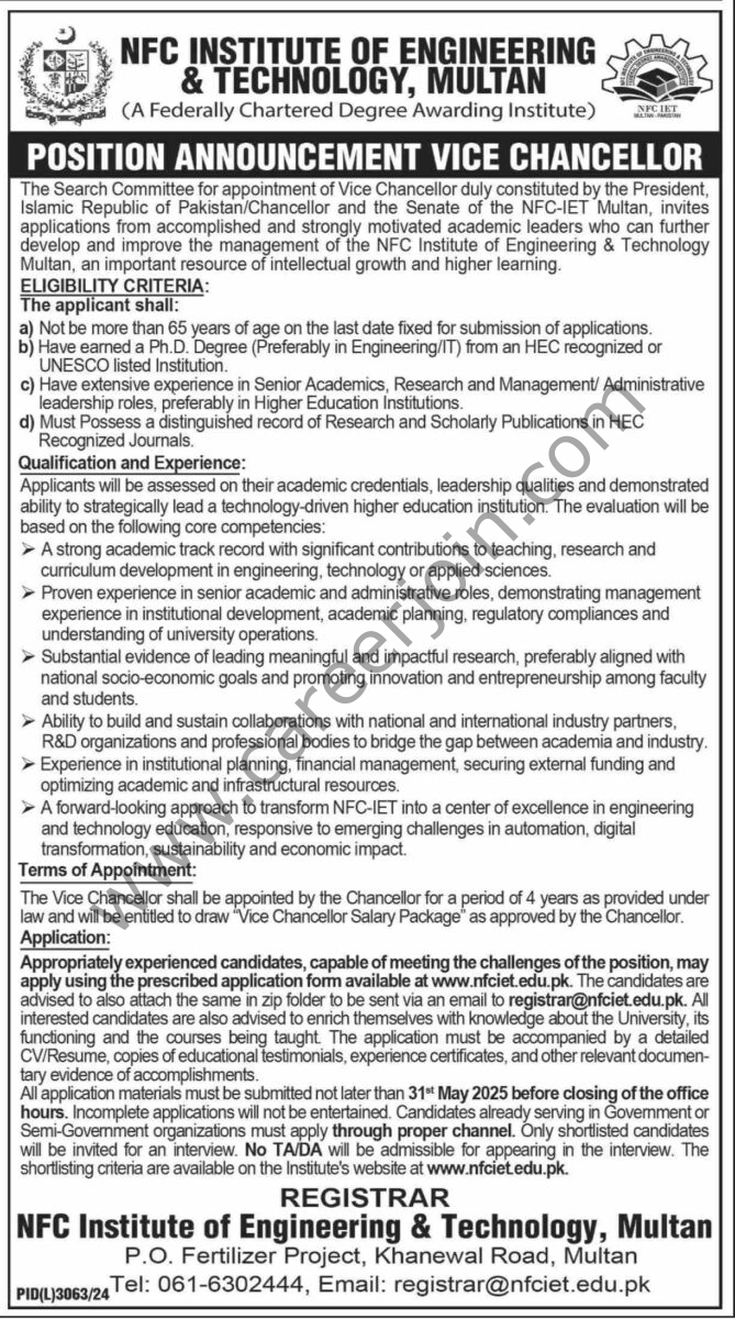 NFC Institute of Engineering & Technology Multan Jobs 11 May 2025 Dawn 1