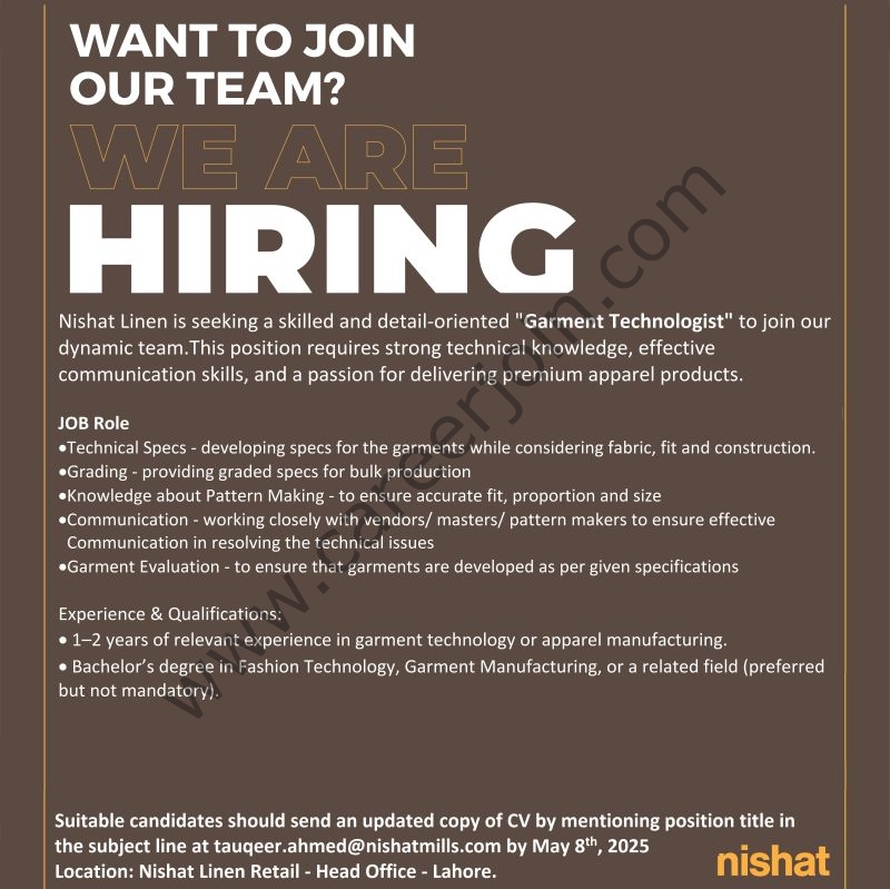 Nishat Linen NL Jobs Garment Technologist 1