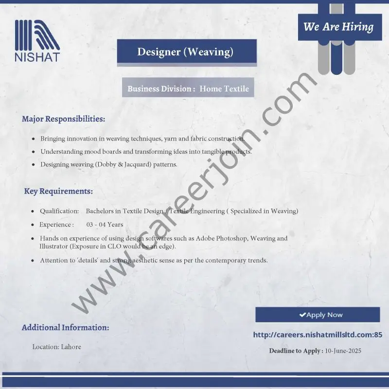 Nishat Mills Limited Jobs Designer (Weaving) 1