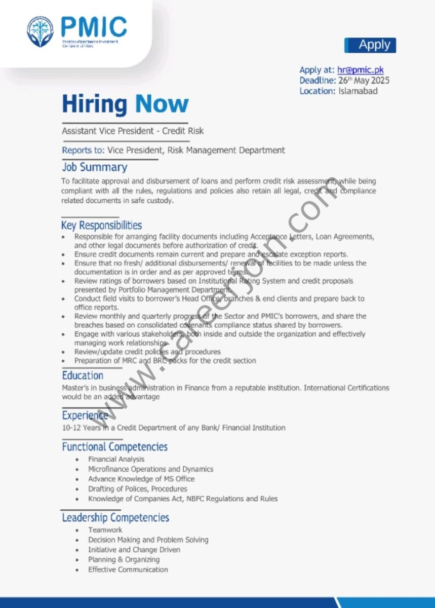 Pakistan Microfinance Investment Company PMIC Jobs Assistant Vice President 1