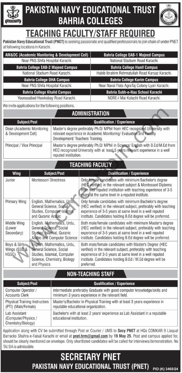 Pakistan Navy Educational Trust PNET Jobs 11 May 2025 Express Tribune 1