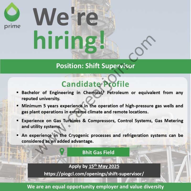Prime Pakistan Limited Jobs Shift Supervisor 1