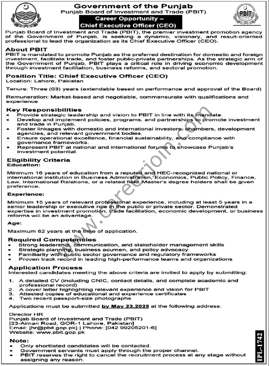 Punjab Board Of Investment & Trade PBIT Jobs 07 May 2025 Express Tribune 1