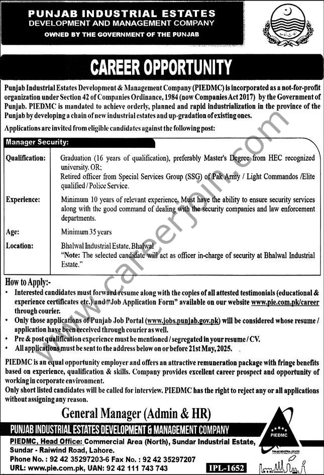 Punjab Industrial Estate Development & Management Co PIEDMC Jobs 04 May 2025 Express 1