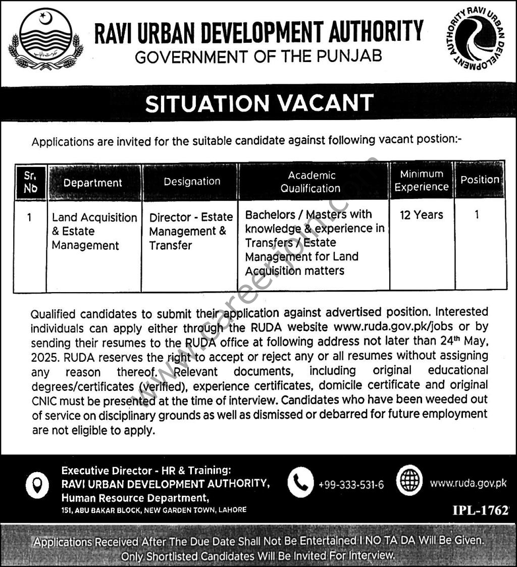 Ravi Urban Development Authority RUDA Jobs 09 May 2025 Express 1