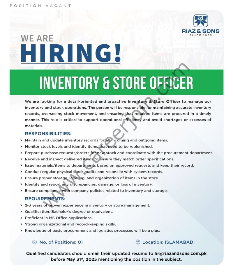 Riaz & Sons Jobs Inventory & Store Officer 1