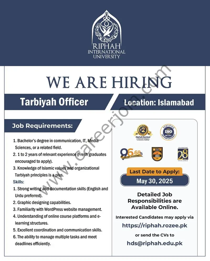 Riphah International University Jobs Tarbiyah Officer 1