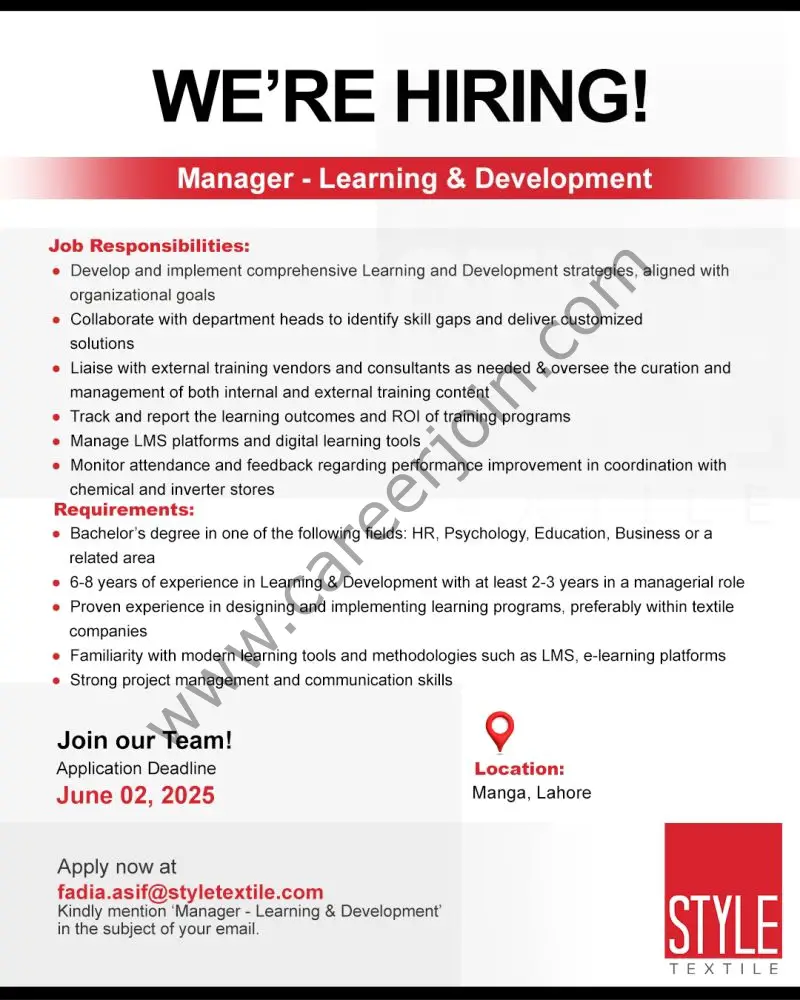 Style Textile Pvt Ltd Jobs Manager Learning & Development 1