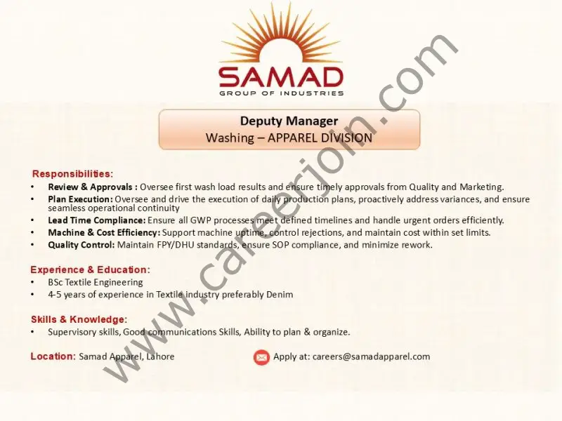 Samad Group Of Industries Jobs Deputy Manager Washing 1