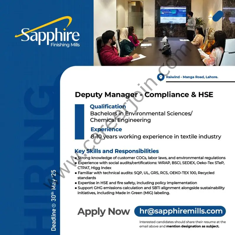 Sapphire Finishing Mills Jobs Deputy Manager Compliance & HSE 1