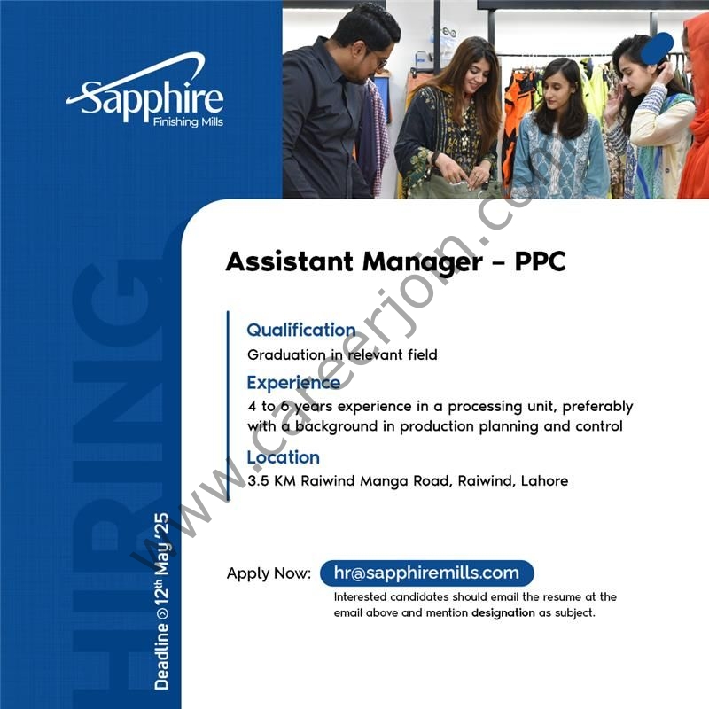 Sapphire Finishing Mills Jobs Assistant Manager PPC 1