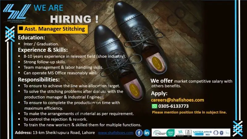 Shafi Pvt Ltd Jobs Assistant Manager Stitching 1