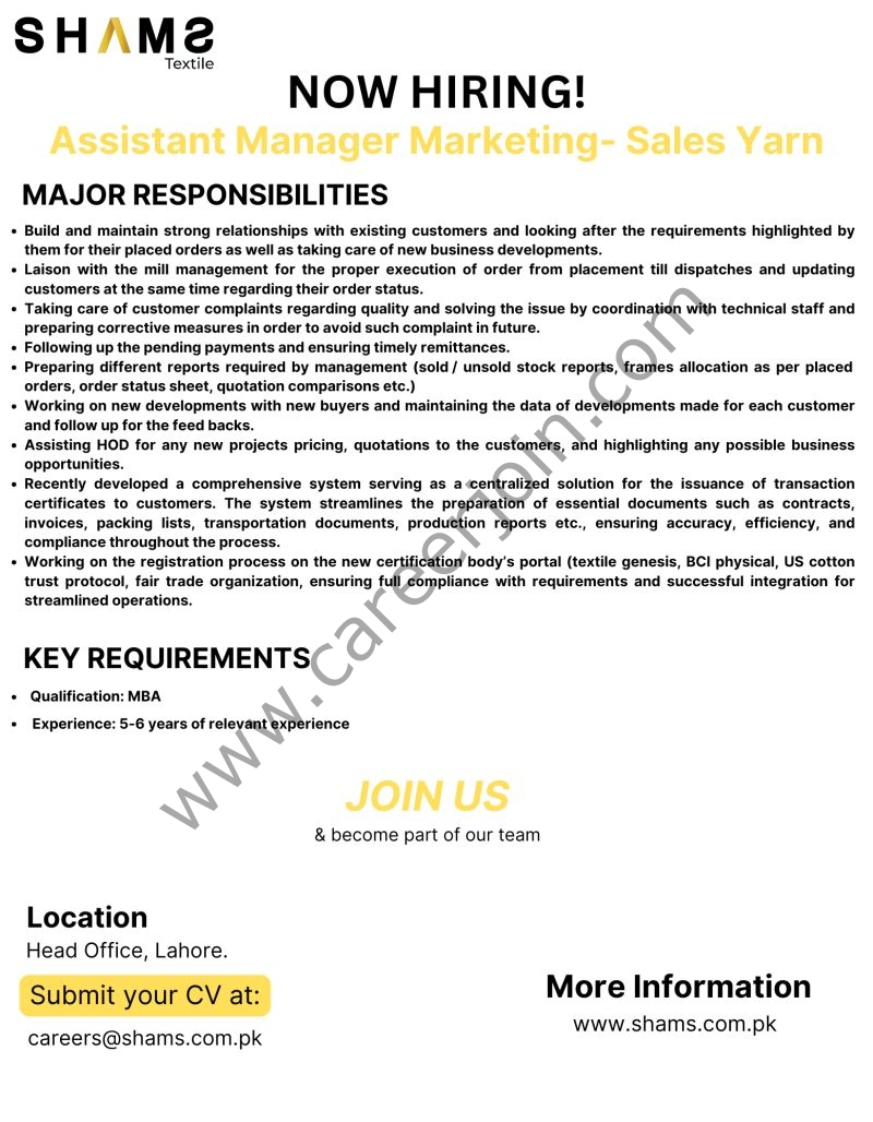 Shams Textile Mills Limited Jobs Assistant Manager Marketing 1