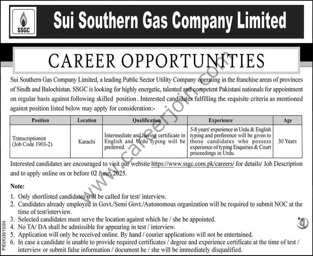Sui Southern Gas Co Ltd SSGC Jobs 18 May 2025 Express 1