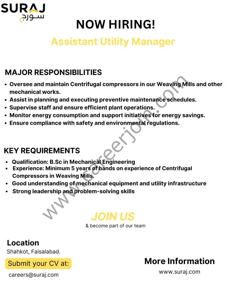 Suraj Cotton Mills Limited Jobs Assistant Manager Utility 1