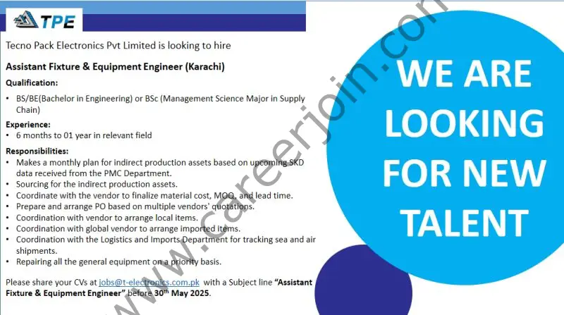 Tecno Pack Electronics (Pvt) Limited Jobs Assistant Fixture & Equipment Engineer 1