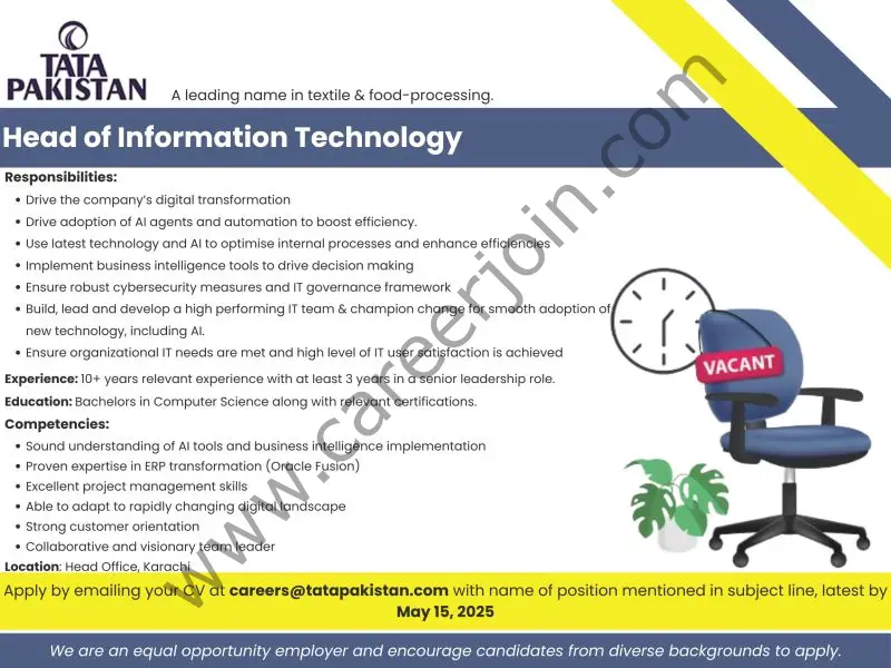 Tata Pakistan Jobs Head of Information Technology 1