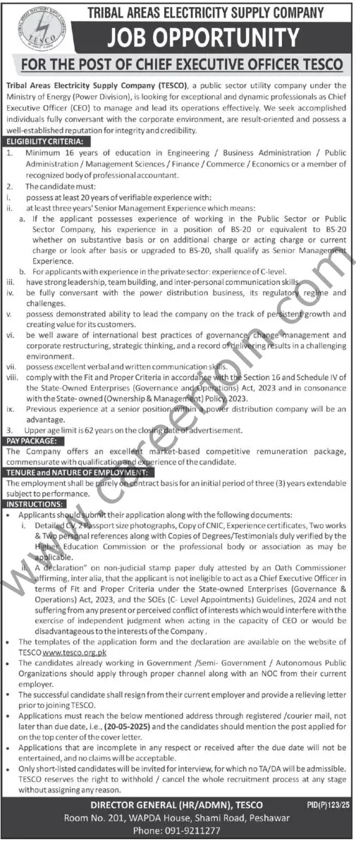 Tribal Areas Electricity Supply Co TESCO Jobs 04 May 2025 Expess Tribune 1
