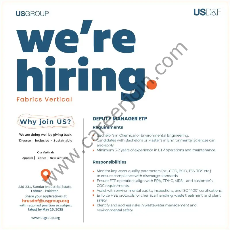 US Group Jobs Deputy Manager ETP 1