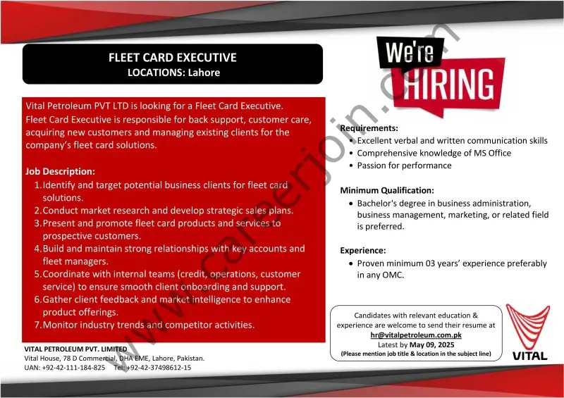 Vital Petroleum Pvt Ltd Jobs Fleet Card Executive 1