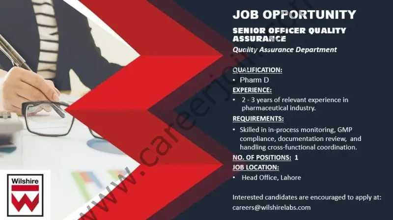 Wilshire Laboratories Jobs Senior Officer Quality Assurance 1